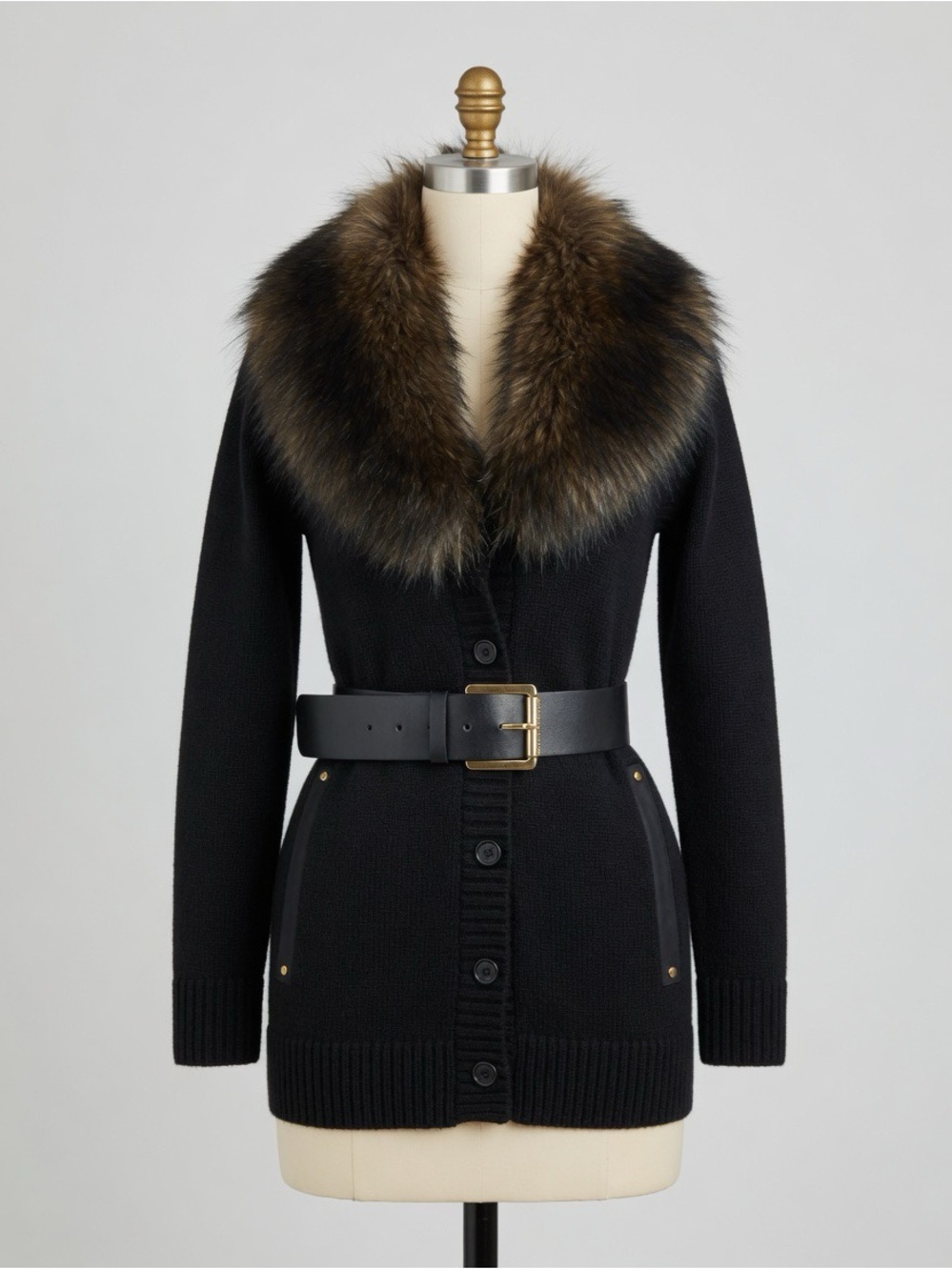 Michael Kors Black Belted Cardigan Sweater with Faux Fur Collar